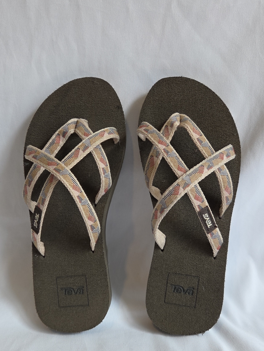 Teva Kids Olive Footbed Sandals with Cream Multi-Pattern Straps